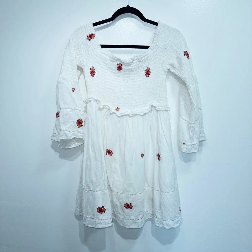 Free People‎ Ivory White Counting Daisies Embroidered Mini Dress Medium
